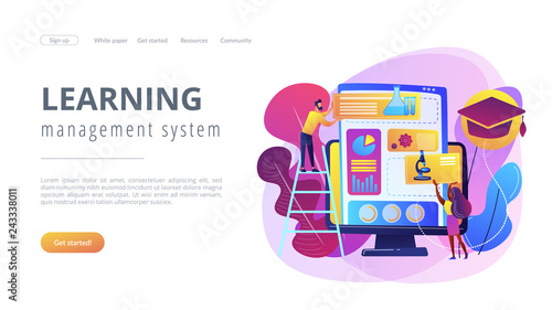 Educational courses management software on computer screen. Learning management system, educational technology, online learning delivery concept. Website vibrant violet landing web page template.