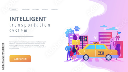City using intelligent transportation system technologies. Intelligent transportation system, traffic management, smart city technologies concept. Website vibrant violet landing web page template.