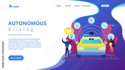 Businessman likes autonomous driverless car with smart technology icons. Autonomous driving, self-driving car, future transport system concept. Website vibrant violet landing web page template.