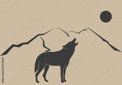 Wolf mountains and moon on a colored background.