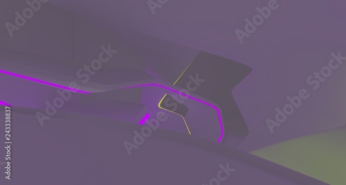 Abstract white Futuristic Sci-Fi interior With Violet And Green Glowing Neon Tubes . 3D illustration and rendering.