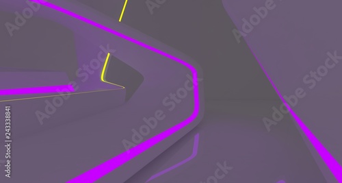 Abstract  white Futuristic Sci-Fi interior With Violet And Green Glowing Neon Tubes . 3D illustration and rendering.