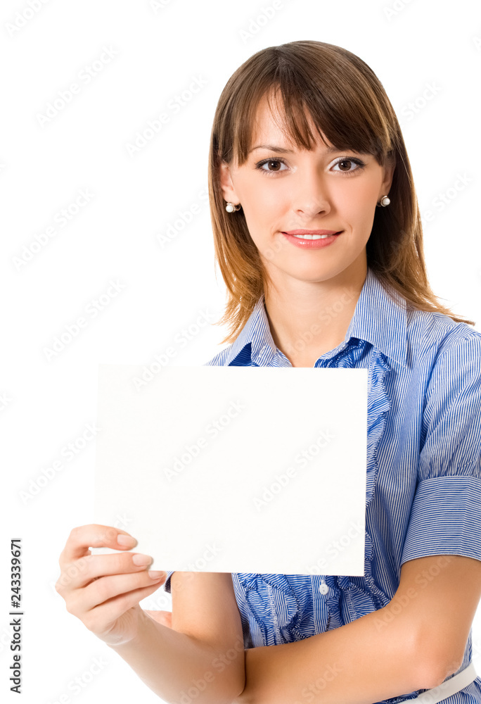 Happy young business woman showing blank signboard, isolated on white background Happy young business woman showing blank signboard, isolated on white background
