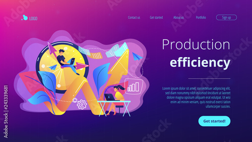 Businessman working on clock hand and businesswoman with laptop. Productivity, efficiency of production, qualification concept on white background. Website vibrant violet landing web page template.