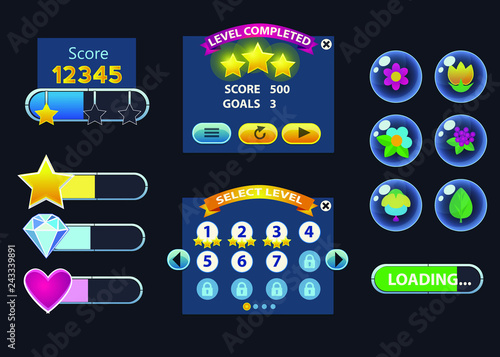 Cartoon game user interface, vector assets for mobile games UI design.