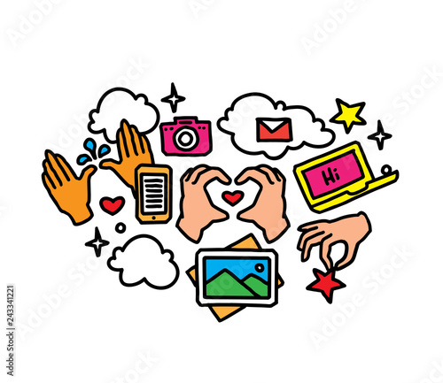 Social networks illustration. Internent icons. Hand drawn vector illustration.