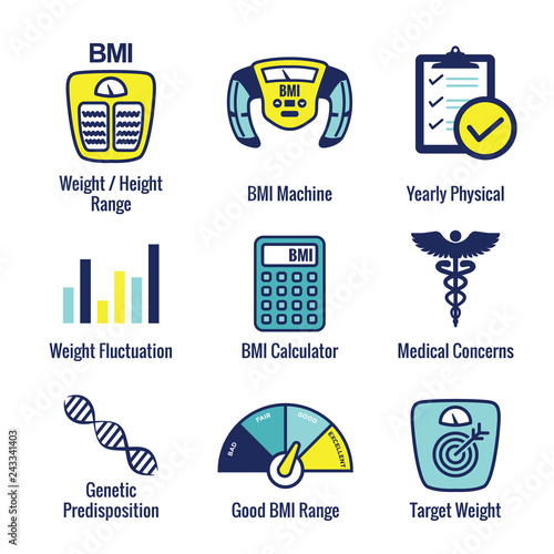BMI / Body Mass Index Icons w scale, indicator, & calculator