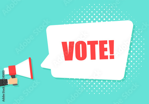 Male hand holding megaphone with vote speech bubble. Loudspeaker. Banner for business, marketing and advertising. Vector illustration.