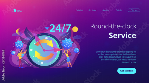 Businessman and woman near huge clock with round arrows working 24 7. 24 7 service, business time schedule, extended working hours concept. Website vibrant violet landing web page template.