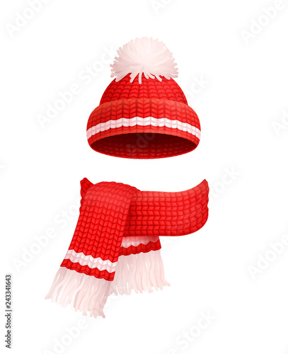 Winter Warm Red Hat, White Pom-pom, Knitted Scarf