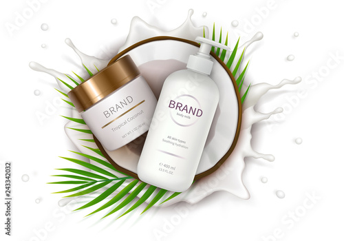 Cosmetic ad realistic vector. White jar and dispenser bottle lies in half of coconut on background of milk splash. Mock up promo banner for catalog, concept poster for natural organic cosmetics