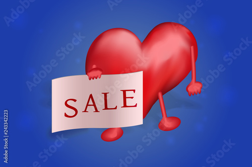 The figure of heart holds in the hands of a poster with the inscription of the sale on blue background