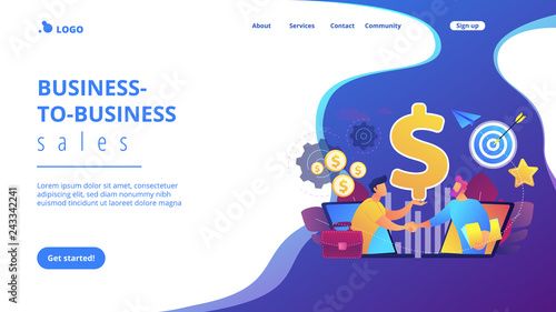B2B sales person selling products and services to buyer in laptop. Business-to-business sales, B2B sales method, wholesale business trend concept. Website vibrant violet landing web page template.