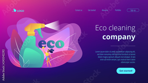 Green cleaning company employee tidies up with nature friendly spray. Green cleaning, eco cleaning company, environmentally friendly service concept. Website vibrant violet landing web page template.