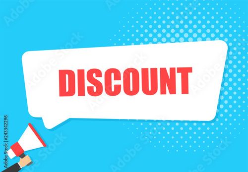 Male hand holding megaphone with sale discount speech bubble. Loudspeaker. Banner for business, marketing and advertising. Vector illustration.