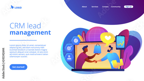 Manager shakes hands with customer, strategy for interactions with client. Customer relationship management, CRM system, CRM lead management concept. Website vibrant violet landing web page template.