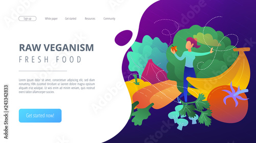 A white woman among fruits and vegetables. Raw veganism and fresh food landing page. Raw foodism, fruitarianism, juicearianism and sproutarianism. Vector illustration on ultraviolet background.