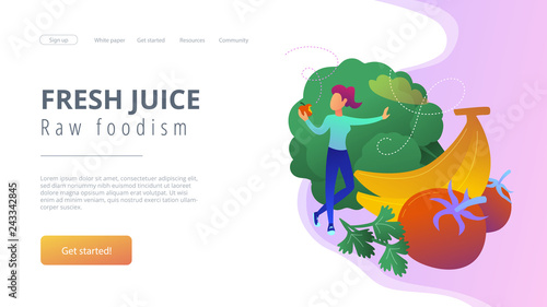 White woman among fruits, vegetables and mushrooms. Fresh juice, raw foodism landing page. Veganism, fruitarianism, juicearianism and sproutarianism, violet palette. Vector illustration on background.