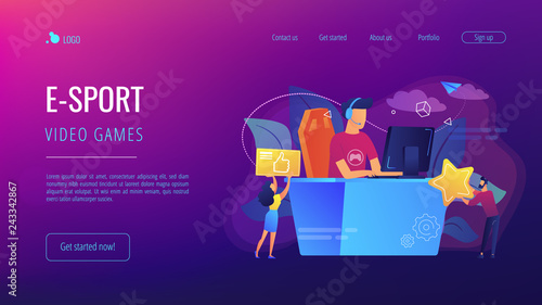 Professional e-sport player at desk playing video game and getting likes. E-sport, cybersport market, competitive computer gaming concept. Website vibrant violet landing web page template.