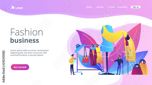 Designer team working on new clothes collection and piece of cloth on mannequin. Fashion industry, clothing style market, fashion business concept. Website vibrant violet landing web page template.