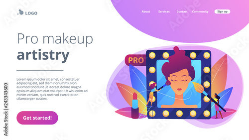 Professional makeup artists applying make up with brush on woman face in mirror. Professional makeup, pro artistry, makeup artist work concept. Website vibrant violet landing web page template.