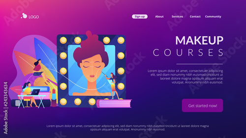 Students listening to teacher on training courses in professional makeup skills. Makeup courses, make up school, cosmetics masterclass concept. Website vibrant violet landing web page template.