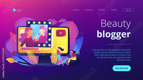 Female user watches beauty blogger showing latest trend makeup tutorial. Beauty blogger, beauty blog production, online beauty consultant concept. Website vibrant violet landing web page template.