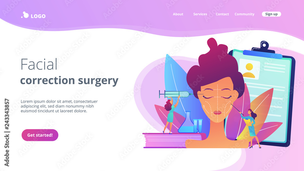 Surgeons with syringe doing facial contouring surgery to woman. Facial contouring, medical face sculpting, facial correction surgery concept. Website vibrant violet landing web page template. Surgeons with syringe doing facial contouring surgery to woman. Facial contouring, medical face sculpting, facial correction surgery concept. Website vibrant violet landing web page template.