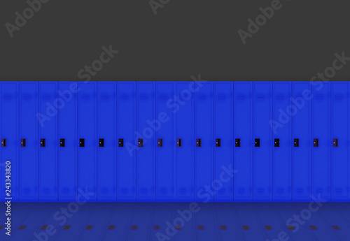 3d rendering. blue metal Lockers row on dark gray wall background.