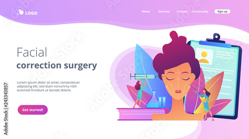 Surgeons with syringe doing facial contouring surgery to woman. Facial contouring, medical face sculpting, facial correction surgery concept. Website vibrant violet landing web page template.