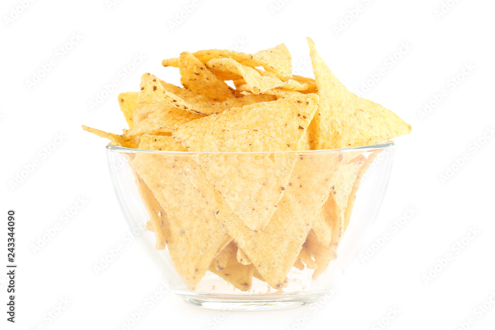 Potato chips in glass bowl isolated on white background Potato chips in glass bowl isolated on white background