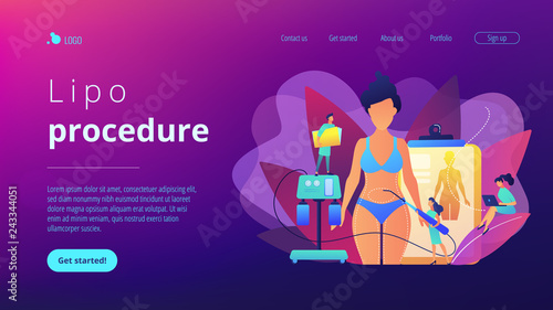 Plastic surgeon with a suction tube doing liposuction of woman marked body parts. Liposuction, lipo procedure, fat removal surgery concept. Website vibrant violet landing web page template.