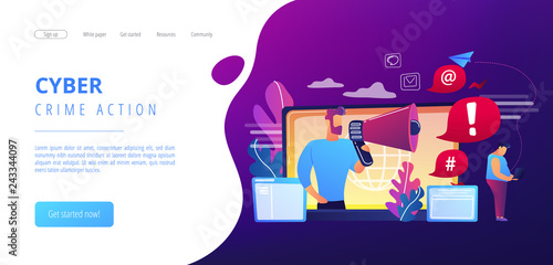 Target individual with laptop attacked online by user with megaphone. Internet shaming, online harassment, cyber crime action concept. Website vibrant violet landing web page template.