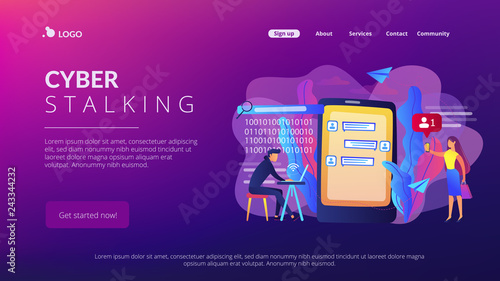 Stalker with laptop controls and intimidates the victim with messages. Cyberstalking, pursuit of social identity, online false accusations concept. Website vibrant violet landing web page template. photo