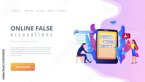 Stalker with laptop controls and intimidates the victim with messages. Cyberstalking, pursuit of social identity, online false accusations concept. Website vibrant violet landing web page template.