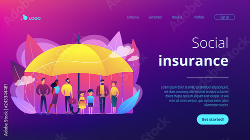 Individuals under umbrella protection against economic hazards. Social insurance, economic hazards risk, social security number concept. Website vibrant violet landing web page template.