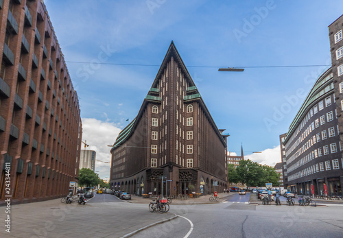 Hamburg, Germany - the Chilehaus is a ten-story office building in Hamburg, and one of the few examples of the 1920s Brick Expressionism style of architecture. Here in particular its peculiar shape photo