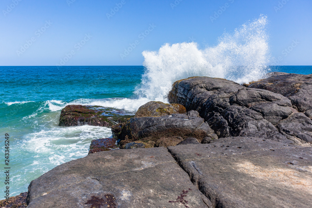 Beach Ocean Large Boulders Wave Spray