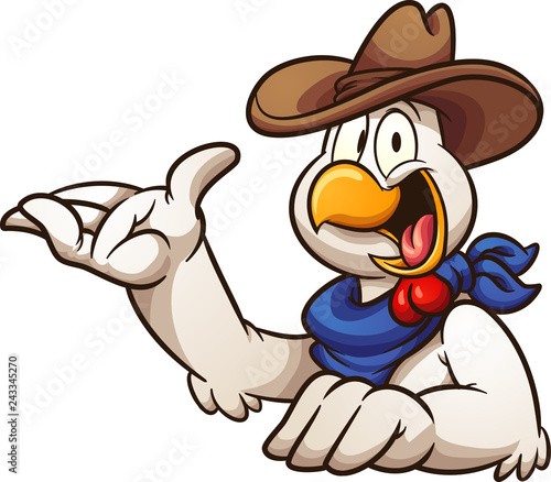 Cartoon cowboy chicken with hand up.  Vector clip art illustration with simple gradients. All in a single layer. 