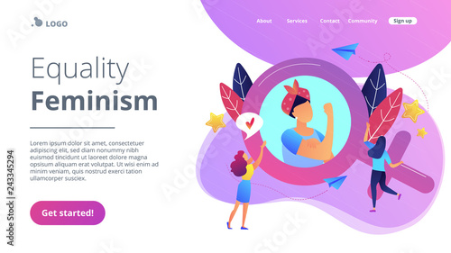 A woman image in female gender sign showing biceps as a concept of feminism, girl power, movement, female equality, equal social and civil rights. Violet palette. Website landing web page template.