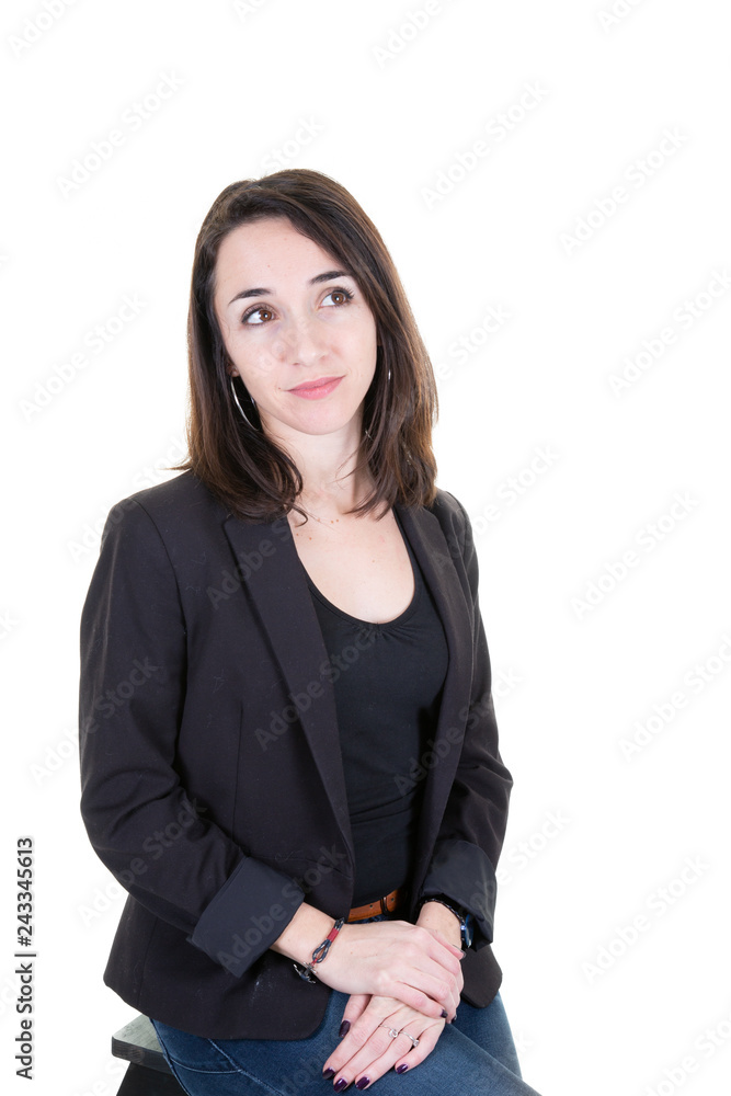 Modern business woman smiling and standing over white background isolated looking up Modern business woman smiling and standing over white background isolated looking up