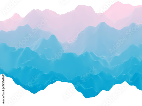 Abstract futuristic 3D mountains foggy landscape on alien planet. Space surface - sci-fi backdrop. Virtual reality concept or cyberspace background. Fictional world, vector EPS10 illustration.
