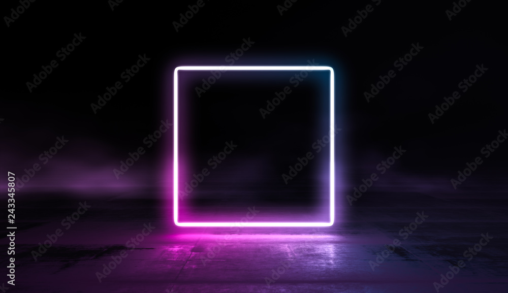 Glowing lines vibrant colors abstract background. Neon pink blue lights in empty space with smoke. 3d render. Glowing lines vibrant colors abstract background. Neon pink blue lights in empty space with smoke. 3d render.