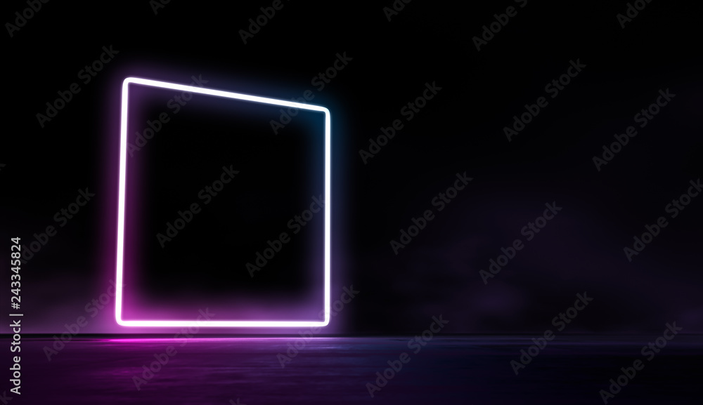 Glowing lines vibrant colors abstract background. Neon pink blue lights in empty space with smoke. 3d render. Glowing lines vibrant colors abstract background. Neon pink blue lights in empty space with smoke. 3d render.