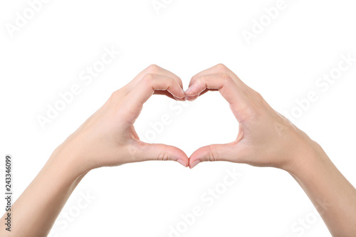 Female hands showing heart on white background
