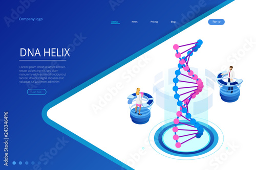 Isometric DNA helix, DNA Analysing concept. Digital blue background. Innovation, medicine, and technology. Web page or lending apge design templates