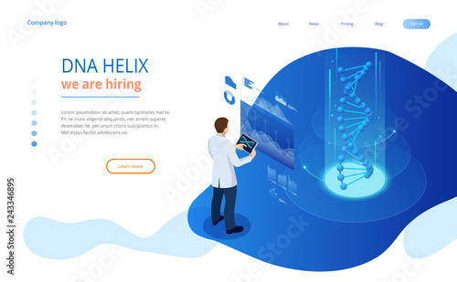 Isometric DNA helix, DNA Analysing concept. Digital blue background. Innovation, medicine, and technology. Web page or lending apge design templates