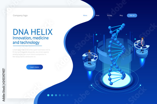 Isometric DNA helix, DNA Analysing concept. Digital blue background. Innovation, medicine, and technology. Web page or lending apge design templates