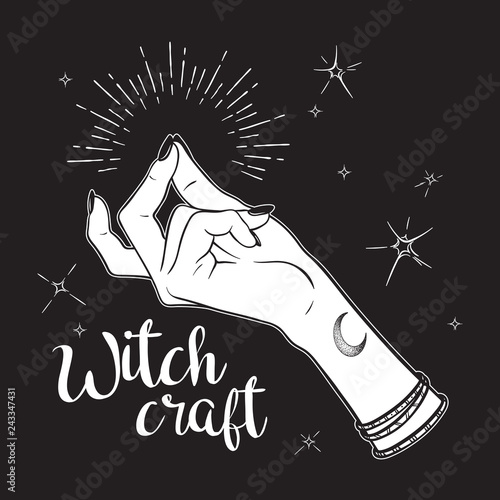 Hand drawn witch hand with snapping finger gesture. Flash tattoo, blackwork, sticker, patch or print design vector illustration.