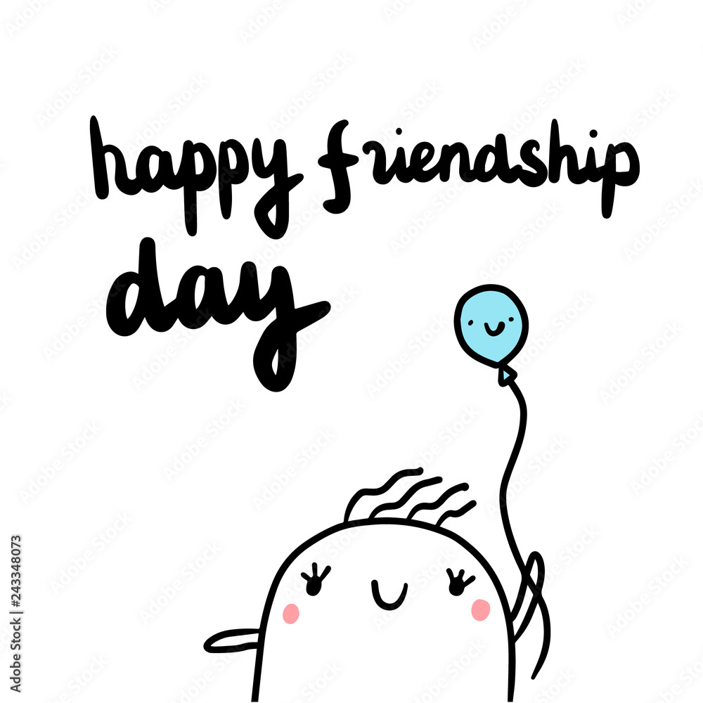 Happy friendship day hand drawn illustration with cute marshmallow holding air balloon Happy friendship day hand drawn illustration with cute marshmallow holding air balloon